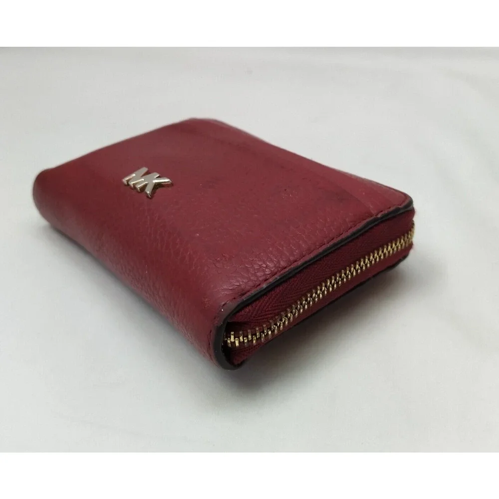 Michael Kors Red Pebbled Leather Zip Around Credit Card Small Wallet